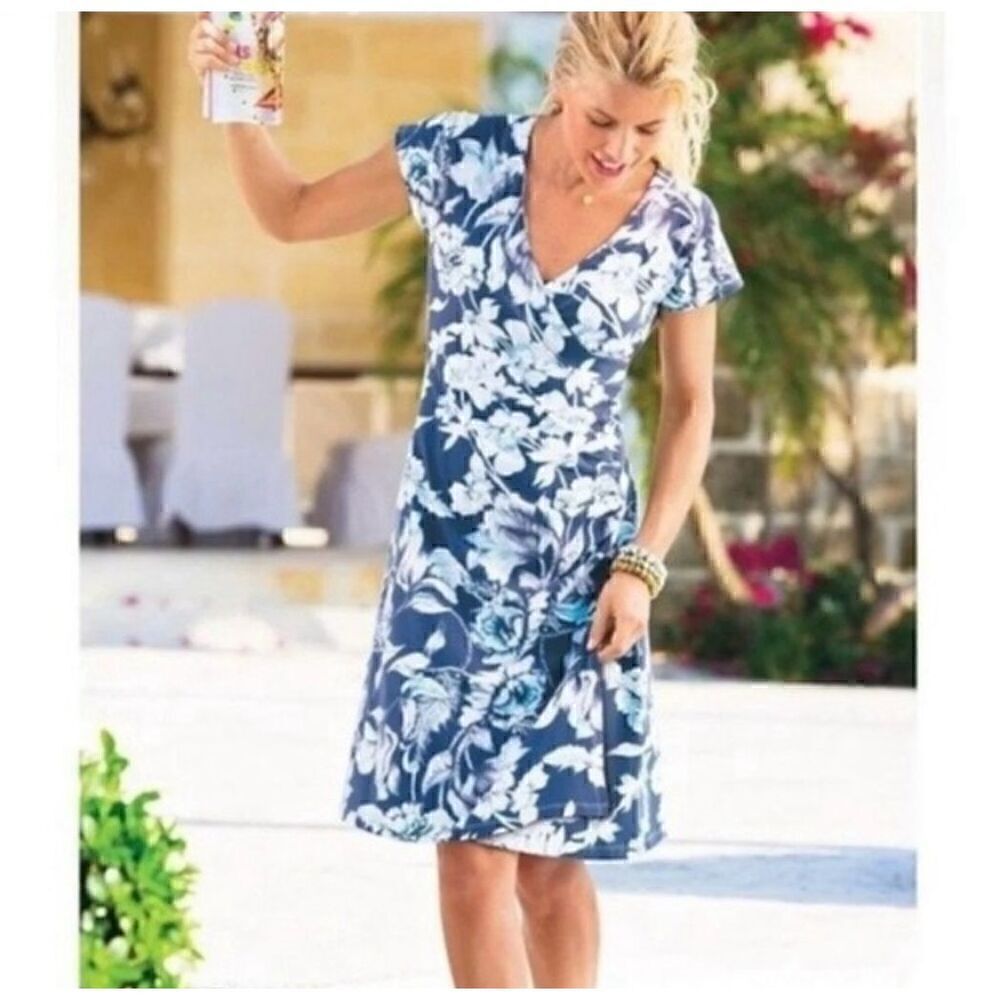 Soft Surroundings Shapely Anywhere Faux Wrap Dress Blue Floral Ruching